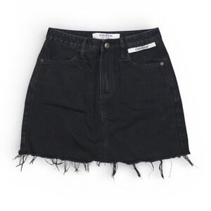 KIMHEKIM My Uniform Black Denim Mini Skirt Raw Hem Cotton Women Size M